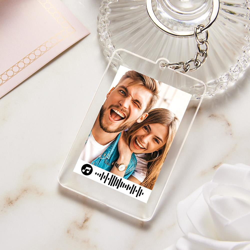 Close-up of engraved acrylic keyring showing personalised photo and scannable code that links to a chosen song, video or message – personalised memorial keepsake