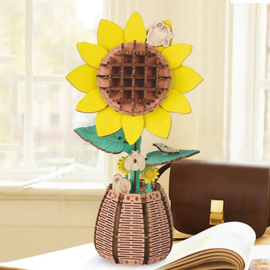 Assembled 3D sunflower wooden flower puzzle displayed as a Mother's Day gift for Mum — handcrafted wooden sunflower décor, perfect personalised keepsake