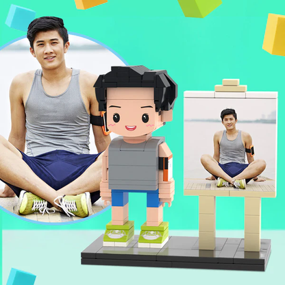 Personalised full-body brick figure in a framed display on a wooden base — custom male building block portrait, ideal personalised gift for him