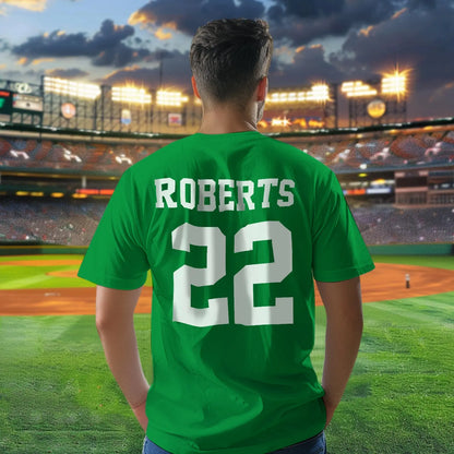 Ordering guide illustration for personalised football name & number sports T-shirt — add custom text and upload images at checkout