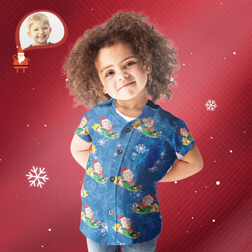 Kids' custom-face Hawaiian shirt with funny Santa Claus design — personalised kids' Christmas shirt with photo face cutout, vibrant colourfast print