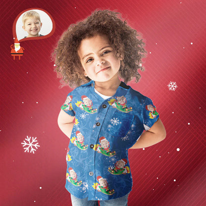 Kids' custom-face Hawaiian shirt with funny Santa Claus design — personalised kids' Christmas shirt with photo face cutout, vibrant colourfast print