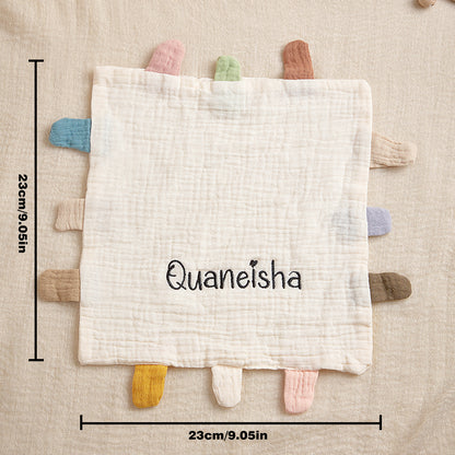 Personalised baby comfort towel styled in a pram – lightweight embroidered cotton lovey for soothing on the go
