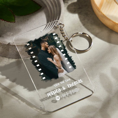 Overall view of the personalised Spotify Music Photo Plaque and Keychain in clear acrylic.