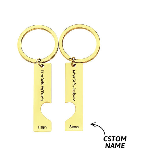 Pair of personalised stainless steel 'Drive Safe' couple keyrings with custom engraved names – 2pcs matching keyrings