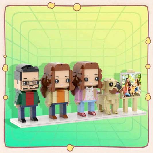 Personalised full-body brick figures of three people plus a cute dog in a framed display — bespoke LEGO-style family portrait ideal as an anniversary or birthday gift