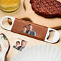 Close-up of the leather handle and printed photo on the bottle opener.