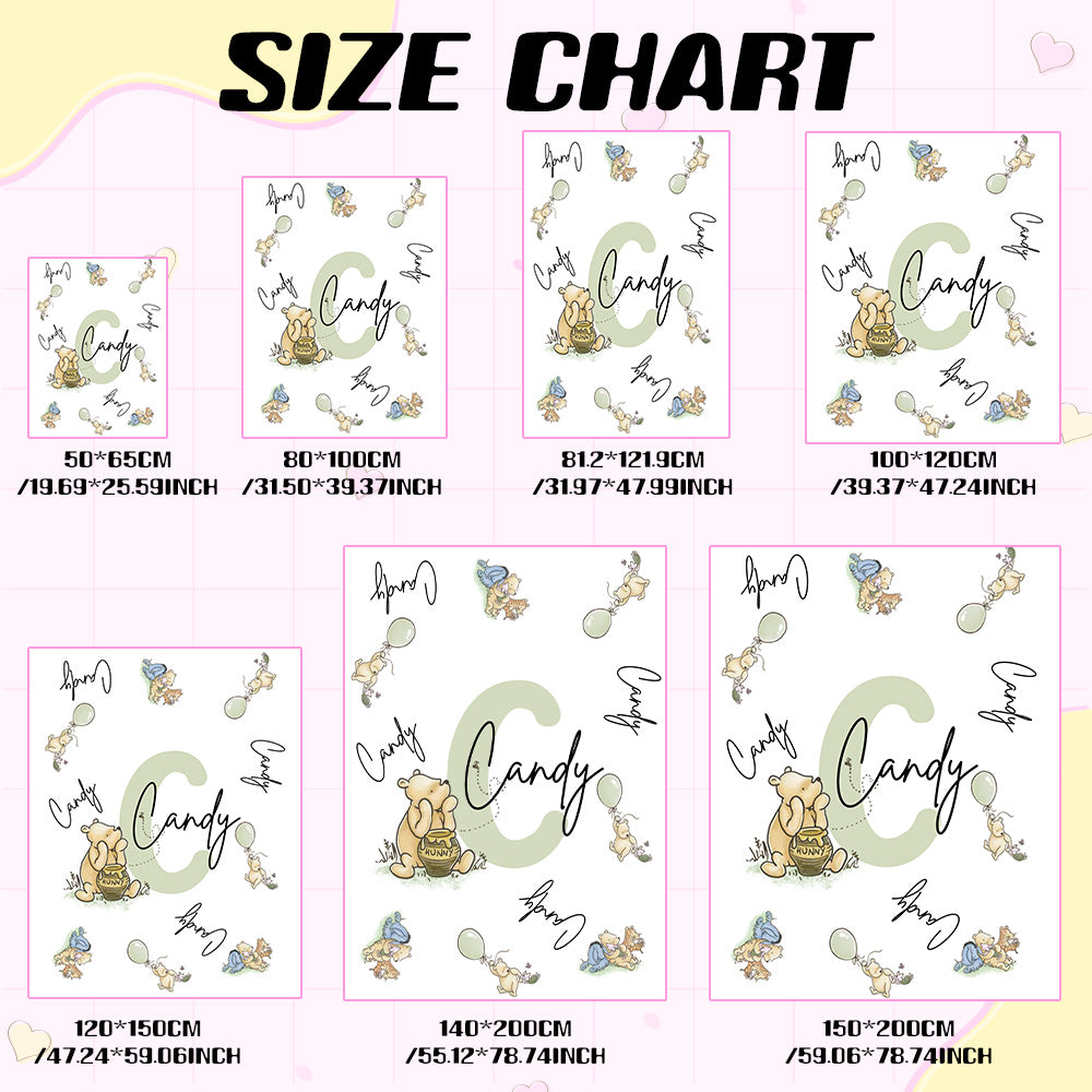 Name customization area on Winnie the Pooh blanket.