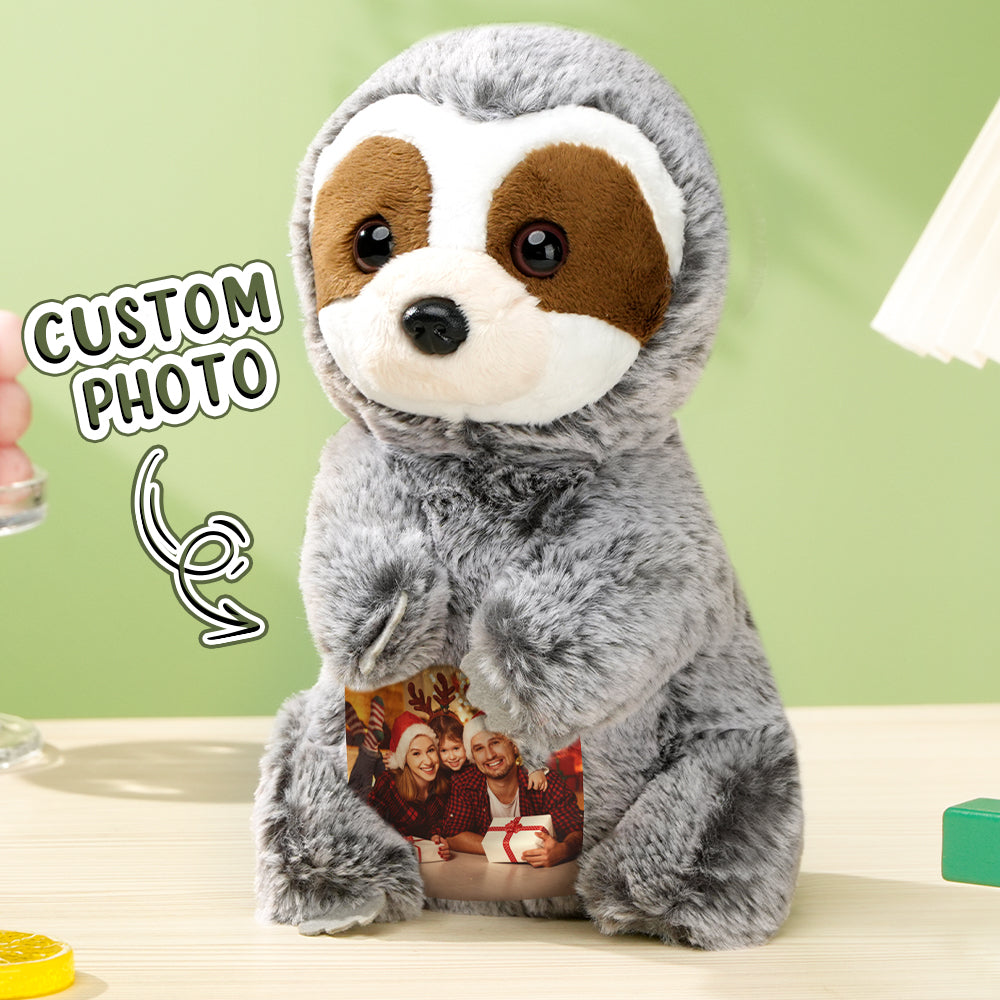Three-quarter view of personalised sloth plush showing soft plush texture and secure stitching — custom photo gift