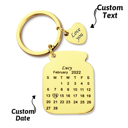 Personalised engraved stainless steel anniversary date calendar keychain with mirror polish — perfect gift for wife or partner