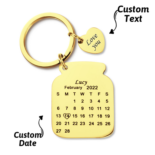 Personalised engraved stainless steel anniversary date calendar keychain with mirror polish — perfect gift for wife or partner