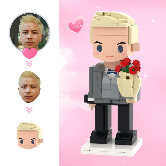 Personalised lady brick figure with rose — custom cute head mini brick figure (1 person), bespoke building block keepsake