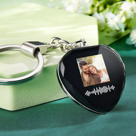 Personalised Heart Crystal Photo Song Keyring – clear heart crystal with UV‑printed photo and scannable music code on an alloy key ring