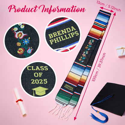 Personalised embroidery area on Mexican graduation sash with sample 'Class of 2025' text — customisable graduation gift for graduates