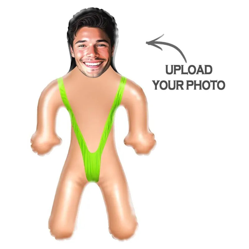 Close-up of the printed photo on the personalised inflatable doll.