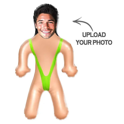 Close-up of the printed photo on the personalised inflatable doll.