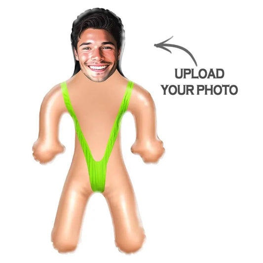 Close-up of the printed photo on the personalised inflatable doll.