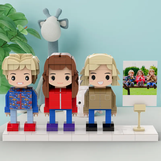 Front view of a personalised full‑body brick figure — customisable photo‑to‑brick keepsake made from durable ABS