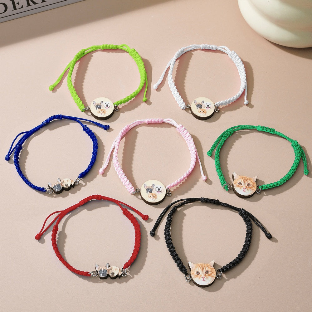 Wooden pendant with pet portrait and braided cord detail on bracelet