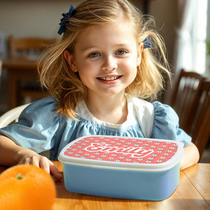 Floral print detail on personalised lunch box – colourful kids' design, perfect personalised name gift for classmates