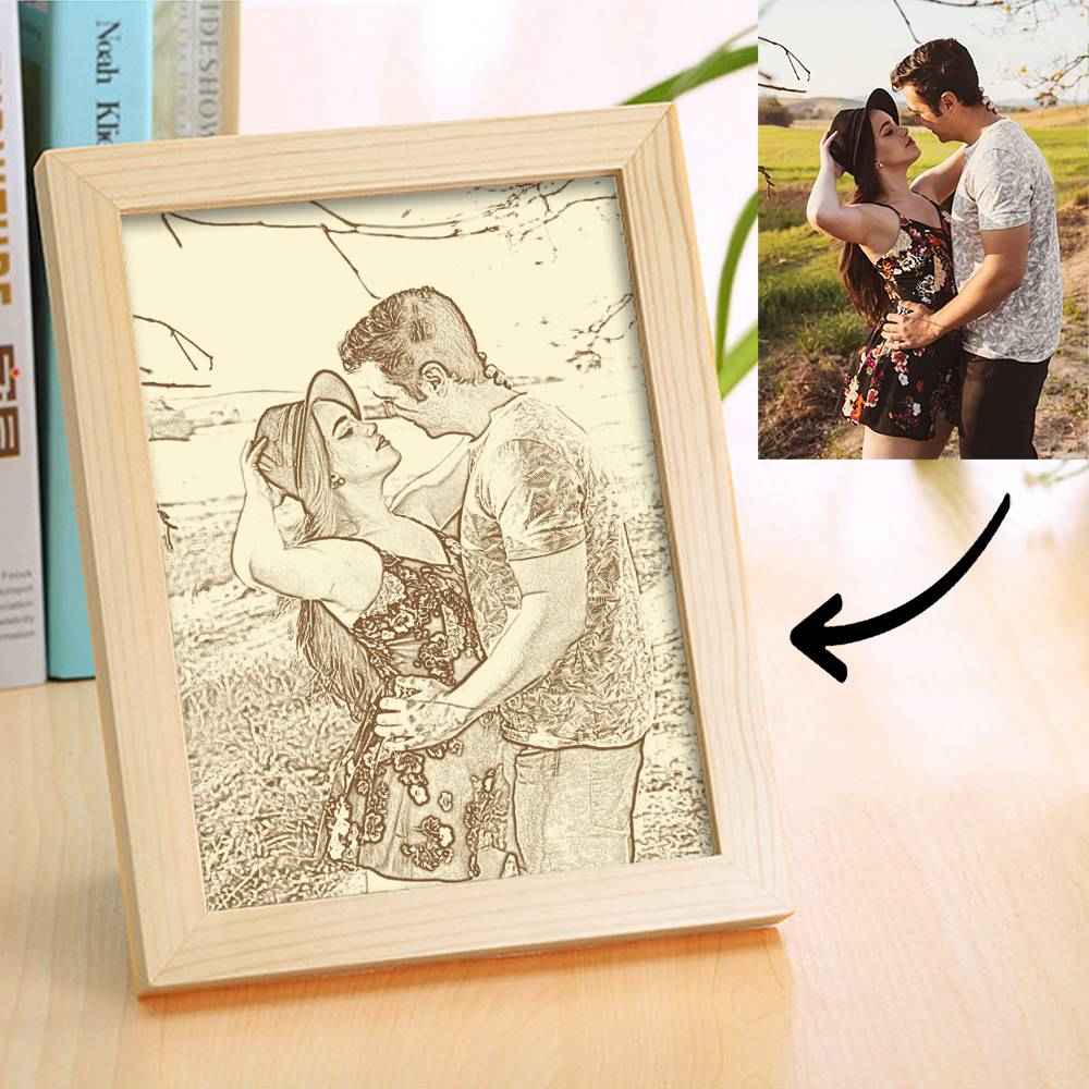 Personalized Engraved Photo Frame Wooden Sketch Effect - 6 Inches 8 Inches 10 Inches