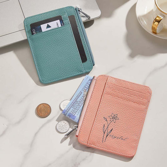 Personalised birth flower PU leather wallet with engraved name on front — compact 8 card slots gift for her