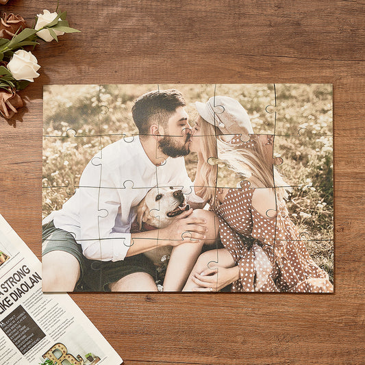 Personalised wooden jigsaw 30cm × 42cm (20 pieces) with a custom photo print on eco‑friendly wood — tactile, no‑frame keepsake and ideal wooden puzzle gift for couples.