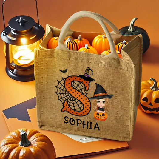 Personalised cartoon pumpkin jute tote bag with initial & name – trick-or-treat Halloween party favour for kids