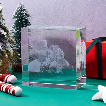 Personalised Laser Engraved Crystal Photo Cube with LED Base | Custom 2D/3D Gift