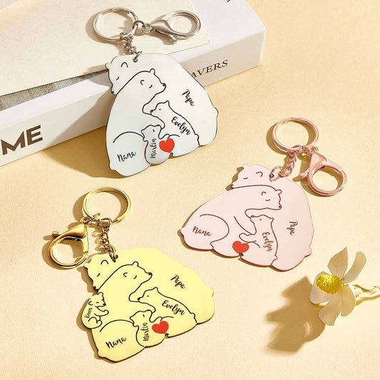 Personalised engraved Papa & Mama bear stainless steel keyring – front view of family keepsake