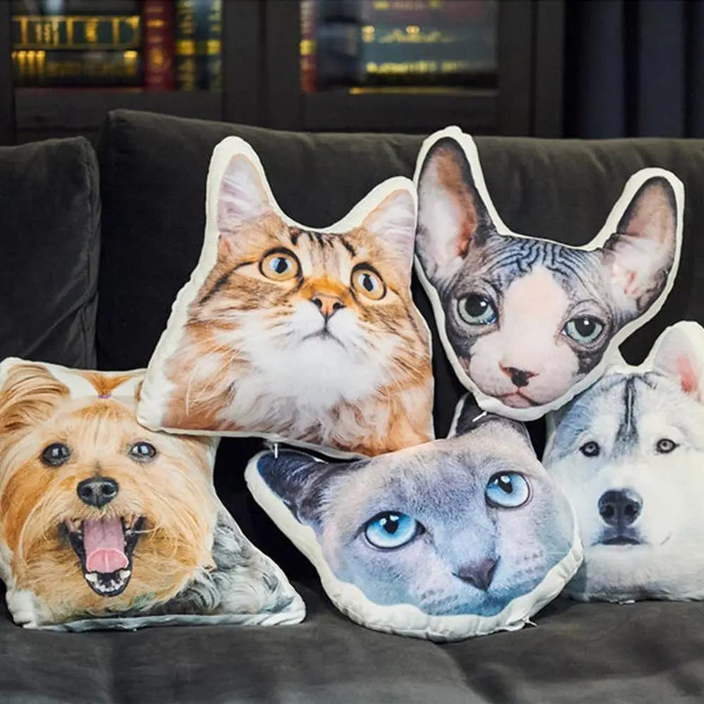 Custom shaped pillow featuring a head or full-body portrait of a pet or loved one, a personalised photo gift.