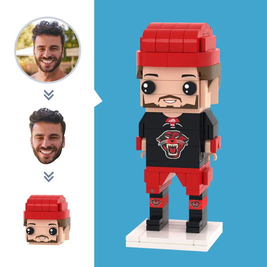 Full-length view of a custom brick figure ice hockey player with a personalised head and hairstyle, standing in hockey stance, built from ABS bricks.