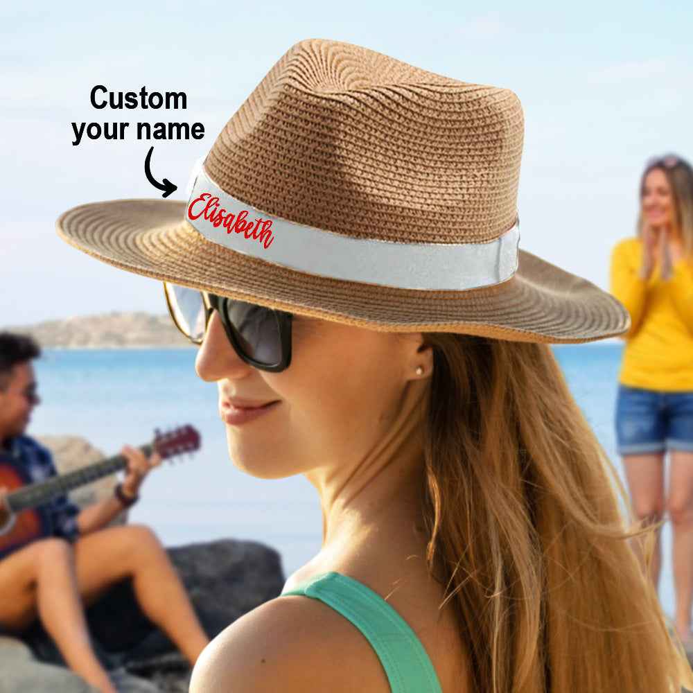 Personalized Straw Fedora Hat with White Band Custom Beach Hat Gift for Bridesmaid Friends Family Bachelorette Party