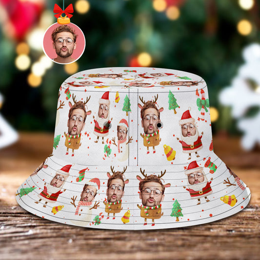 Custom face unisex bucket hat with full-front personalised photo print — lightweight polyester summer cap for Christmas parties, festivals and everyday sun protection