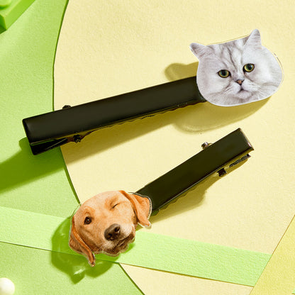 Pair of personalised pet portrait hair clips in two sizes, acrylic face and metal clip — perfect gift for pet lovers