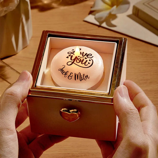 Custom Music Box Candle Flip Box showing cake-shaped candle surface with personalised text and keepsake music box — personalised photo gift with MP3 playback
