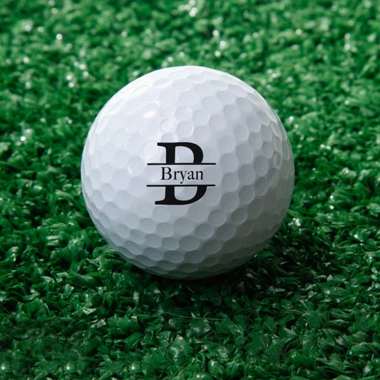 Personalised engraved name golf ball with UV-printed custom text, white rubber wind-tunnel surface for improved distance and accuracy, ideal custom golf gift