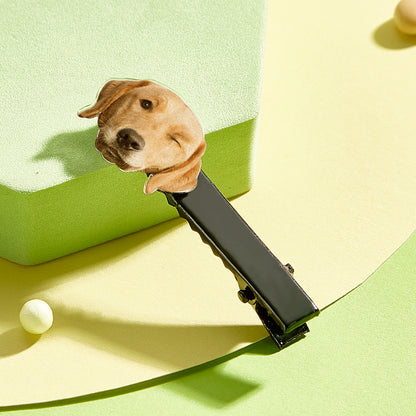 Model wearing a personalised pet portrait hair clip as a stylish, sentimental accessory — ideal Mother's Day or birthday gift