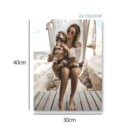 Close-up of UV-printed numbered canvas pattern with clear colour areas on a 30 x 40 cm personalised paint-by-numbers panel — custom photo paint by numbers