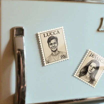 Custom portrait magnet with vintage postage-stamp design on a beige background; line-art portrait on acrylic fridge magnet with perforated edges (5.5 x 7 cm).