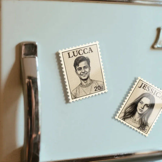 Custom portrait magnet with vintage postage-stamp design on a beige background; line-art portrait on acrylic fridge magnet with perforated edges (5.5 x 7 cm).