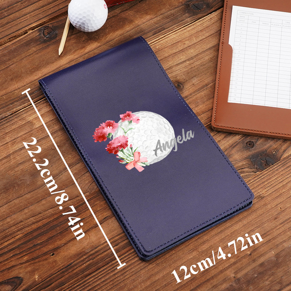 Compact dimensions shown: 12 x 22.5 cm personalised golf scorecard holder fitting easily in pocket or golf bag