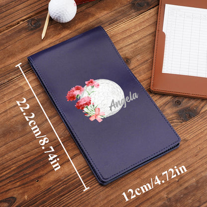 Compact dimensions shown: 12 x 22.5 cm personalised golf scorecard holder fitting easily in pocket or golf bag