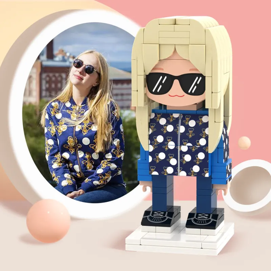 Front view of a personalised full-body Custom Brick Figure by PhotoOnGifts, showing customised hairstyle, outfit and lifelike detail — ideal personalised gift for her