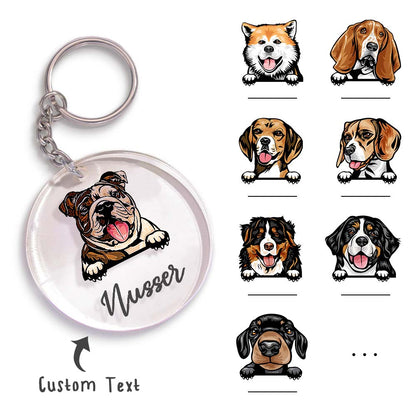 Personalised acrylic dog keyring showing colour‑fast cartoon dog illustration and custom name on a 5cm clear acrylic plate ideal personalised dog keychain for dog lovers