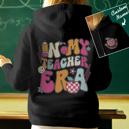 Personalised 'In My Teacher Era' hooded sweatshirt with custom name — perfect personalised teacher hoodie for back-to-school and teacher appreciation gifts