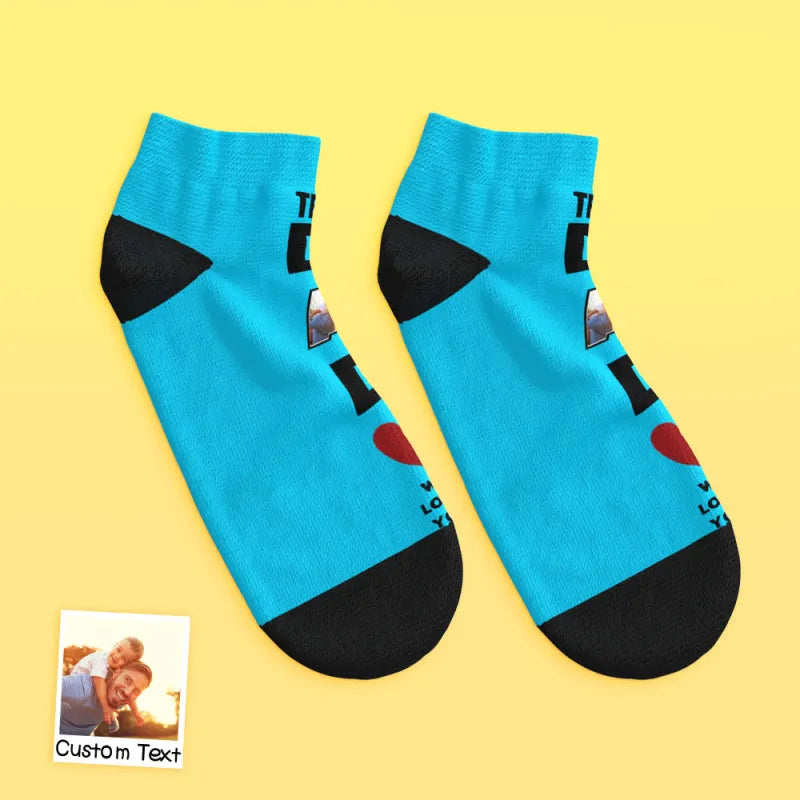 Model wearing personalised low-cut ankle face socks with smiling photo — wearable, humorous gift for Father’s Day