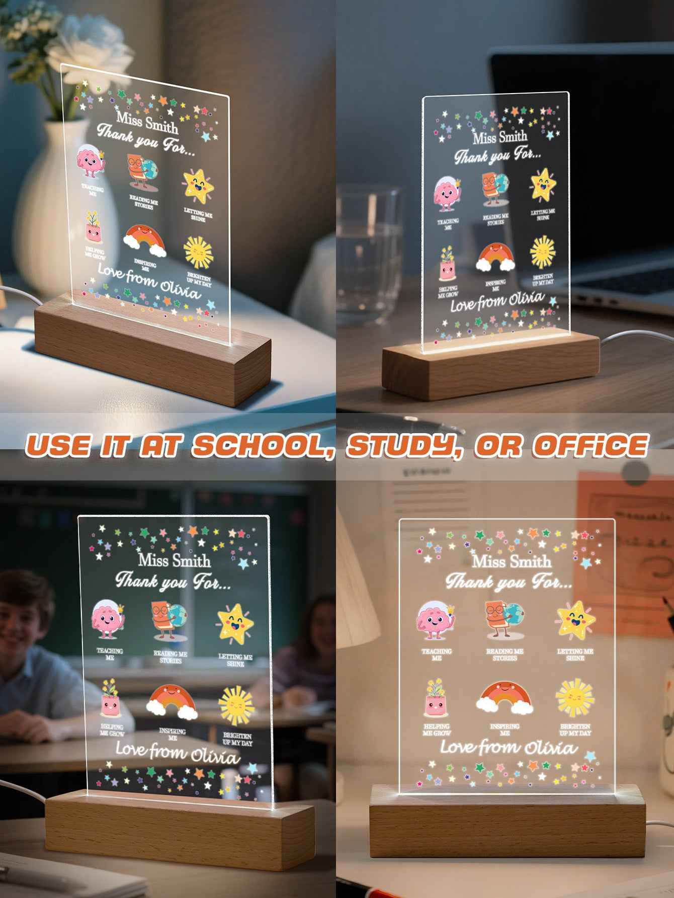 Custom Name Back to School Transparent Night Light Decor White Light Teacher's Day Gift