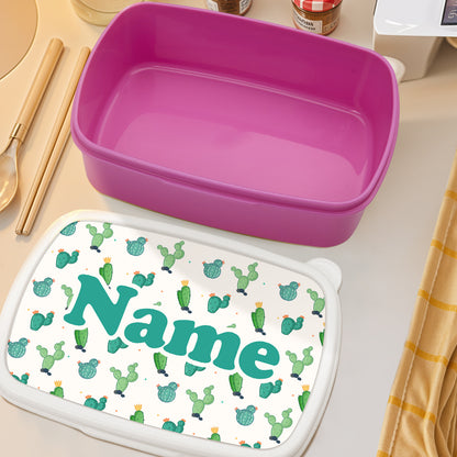 Close-up of customised name on lid of personalised cactus lunch box showing neat print and bright, kid-friendly design