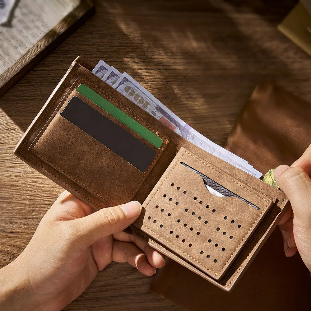 Open personalised PU leather wallet showing multiple card slots and cash compartment — engraved men’s wallet ideal as an anniversary or birthday gift